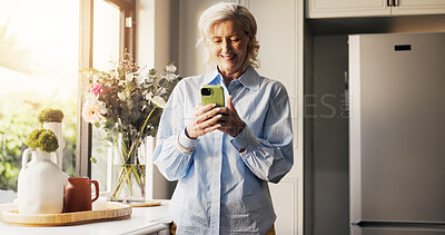 Buy stock photo Home, smartphone and senior woman with smile, retirement and connection with social media. Window, digital app and mature person with tech, internet and lens flare with funny meme and communication