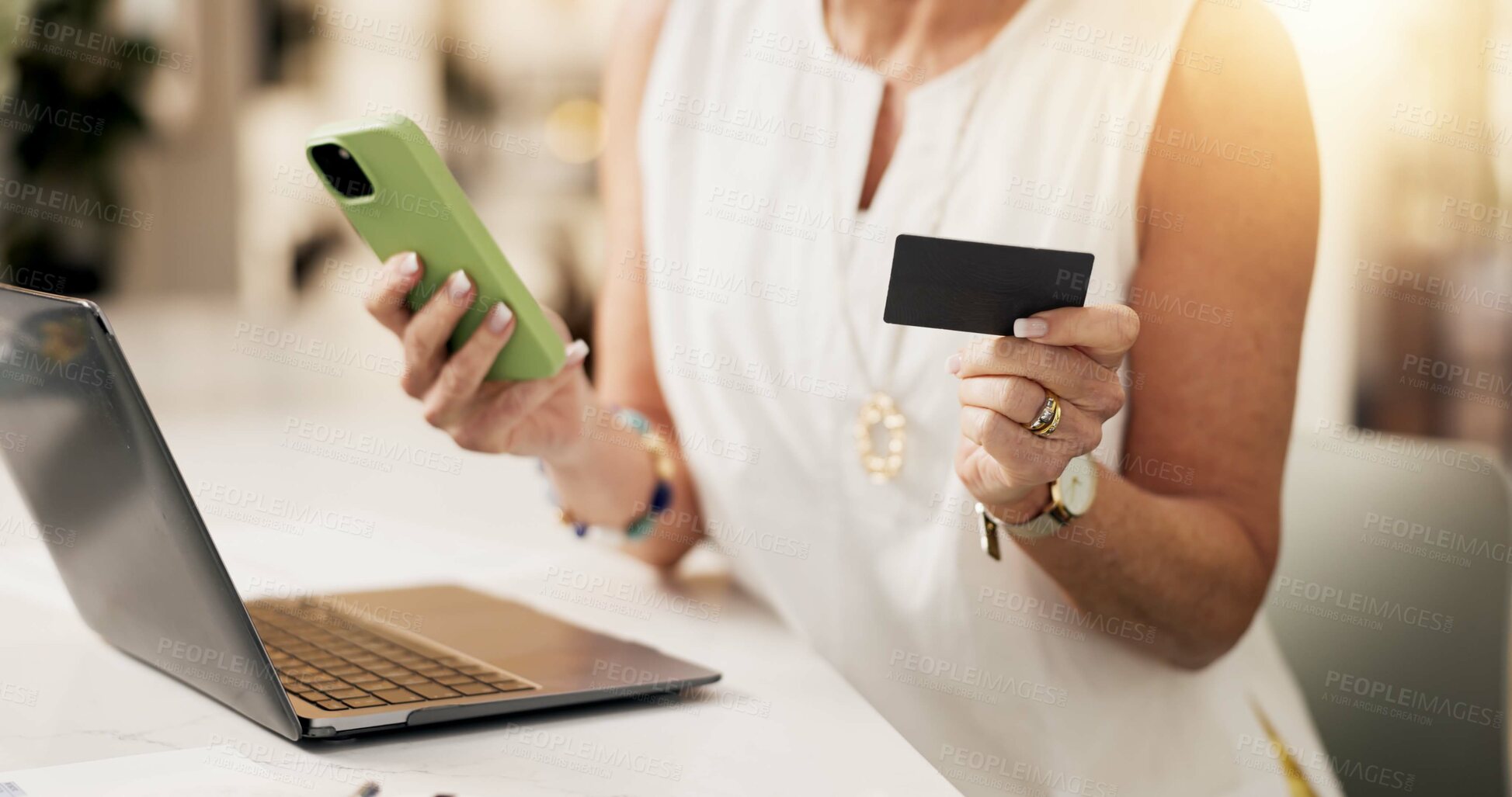 Buy stock photo Credit card, phone and hands of woman in home with online shopping, ecommerce or payment on website. Laptop, cellphone and female person with electronic transaction for order with technology in house