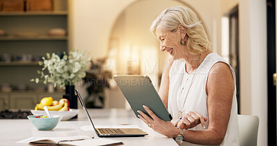 Buy stock photo Woman, smile and reading with tablet for project draft, editing article and creative process in home. Remote work, freelance writer and laptop for proofreading with mature editor or story development