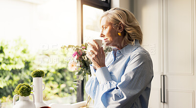 Buy stock photo Coffee, thinking and senior woman by window in home for reflection, memory or dreaming in morning. Cappuccino, ideas and elderly female person drinking warm beverage for retirement in apartment.