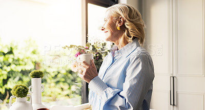 Buy stock photo Coffee, memory and senior woman by window in home for reflection, nostalgia or dreaming in morning. Cappuccino, thinking and elderly female person drinking warm beverage for retirement in apartment.