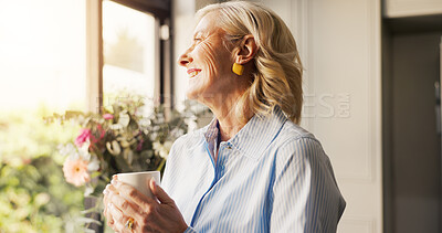 Buy stock photo Happy, thinking and senior woman with coffee by window in home for reflection, memory or dreaming in morning. Cappuccino, ideas and elderly person drinking warm beverage for retirement in apartment.