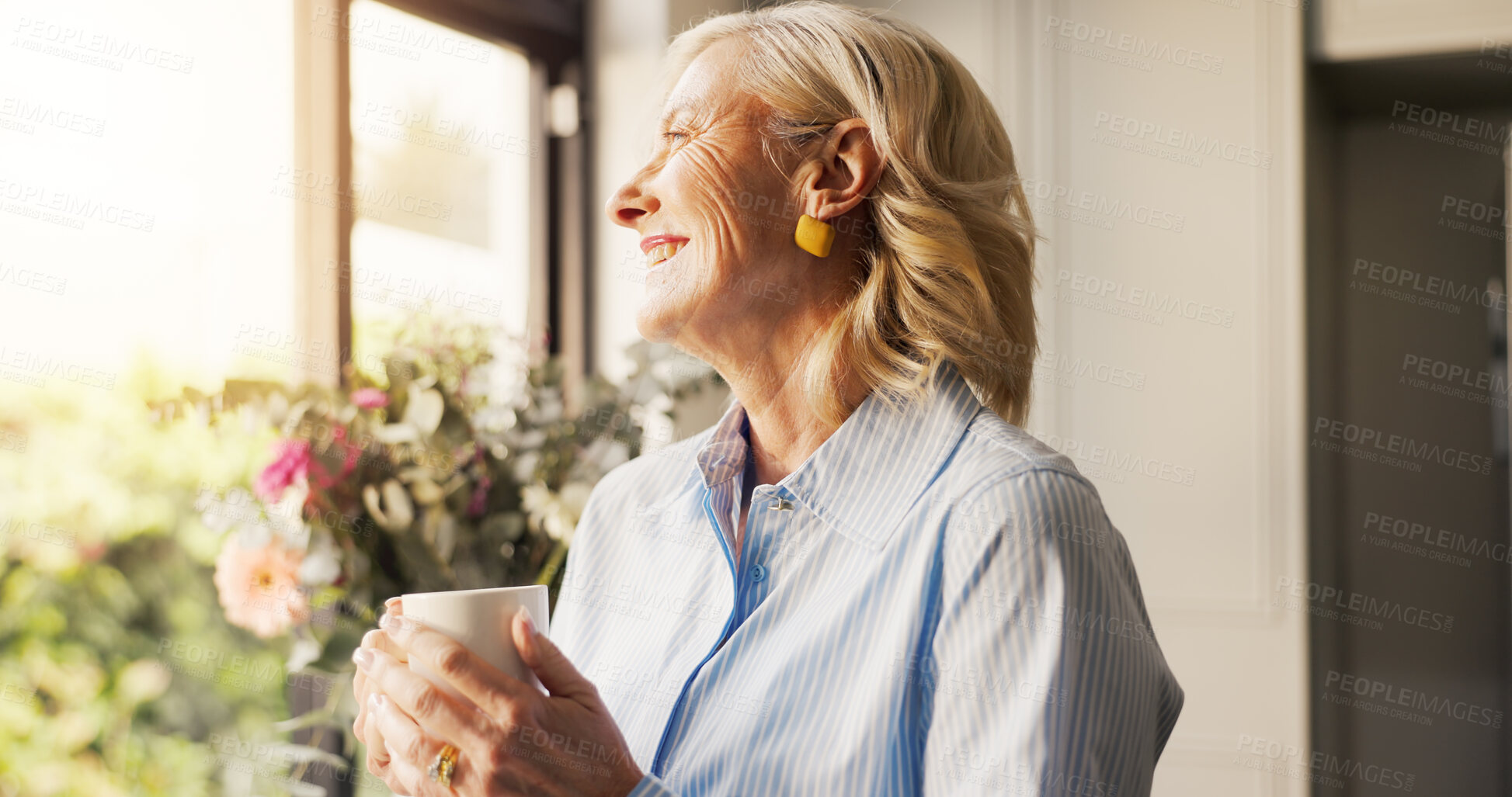 Buy stock photo Happy, thinking and senior woman with coffee by window in home for reflection, memory or dreaming in morning. Cappuccino, ideas and elderly person drinking warm beverage for retirement in apartment.