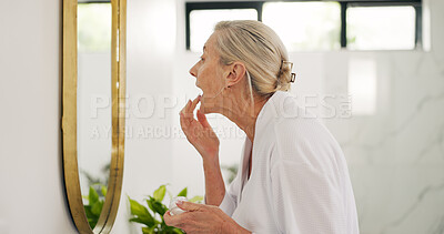 Buy stock photo Mature woman, mirror and lips in bathroom for beauty, apply product and exfoliation with scrub. Female person, cosmetics and sugar mask for hydration, nourishing treatment and healing cream at house