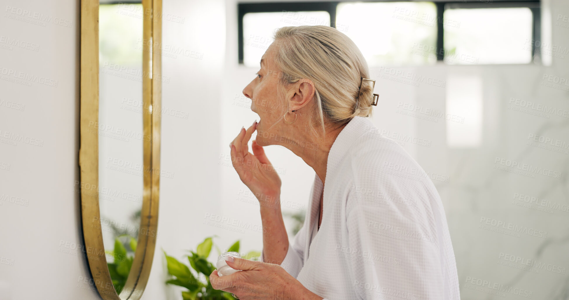 Buy stock photo Mature woman, mirror and lips in bathroom for beauty, apply product and exfoliation with scrub. Female person, cosmetics and sugar mask for hydration, nourishing treatment and healing cream at house