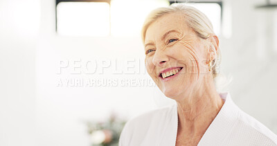 Buy stock photo Home, skincare and old woman in bathroom, smile and space with dermatology, funny and wrinkles. Apartment, pensioner and mature person with humor, healthy skin and anti aging with cosmetics and shine