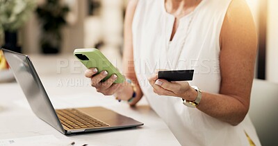 Buy stock photo Hands, phone and laptop with credit card in home for online shopping or remote banking app. Woman, shopper or virtual payment with debit on technology for ecommerce, purchase and retail website