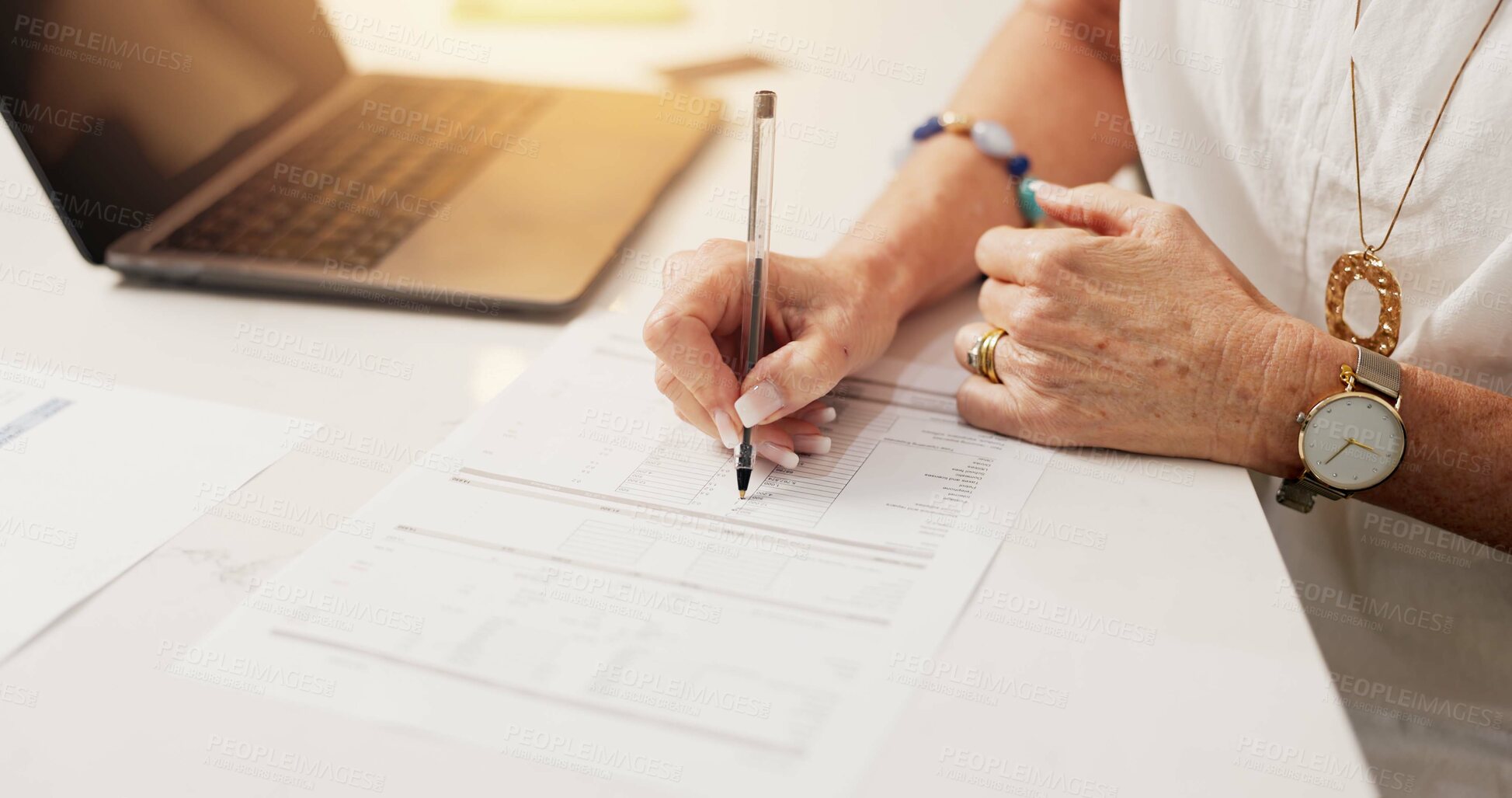 Buy stock photo Senior, woman and hands writing with laptop for finance, budget planning or expenses in home. Closeup, female person or checking costs with documents for financial investment or bills in house