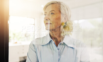 Buy stock photo Senior, woman and thinking with window for reflection, ambition or nostalgia in home. Elderly, female person or thoughtful with dream, idea or reminisce for perception, insight or vision in house