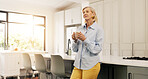 Coffee, thinking and senior woman in kitchen for nostalgia, remember memory and daydreaming. Thought, tea and elderly person in home with reflection, mindset and enjoy morning beverage in retirement