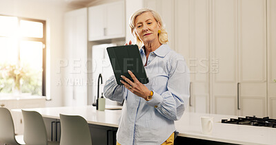 Buy stock photo House, thinking and old woman with tablet, internet and communication with social media. Apartment, pensioner and mature person with tech, typing and network with email, digital app and connection