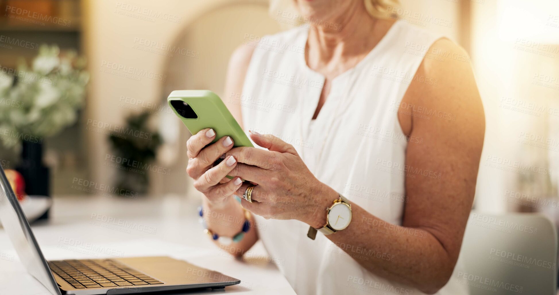 Buy stock photo Woman, hands and typing in home with phone for social media, text message and online conversation. Female person, reading and scroll with tech for mobile app notification, communication and internet.