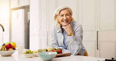 Buy stock photo Senior woman, fruit salad and smile in kitchen, portrait and meal prep with organic ingredients at home. Mature person, happy and confidence with nutrition, diet and wellness for retirement in USA