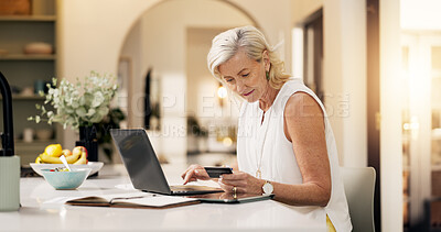 Buy stock photo Mature woman, credit card and typing on laptop in home for online shopping or remote banking app. Female person, shopper or virtual payment with debit on computer for ecommerce, purchase or sign up