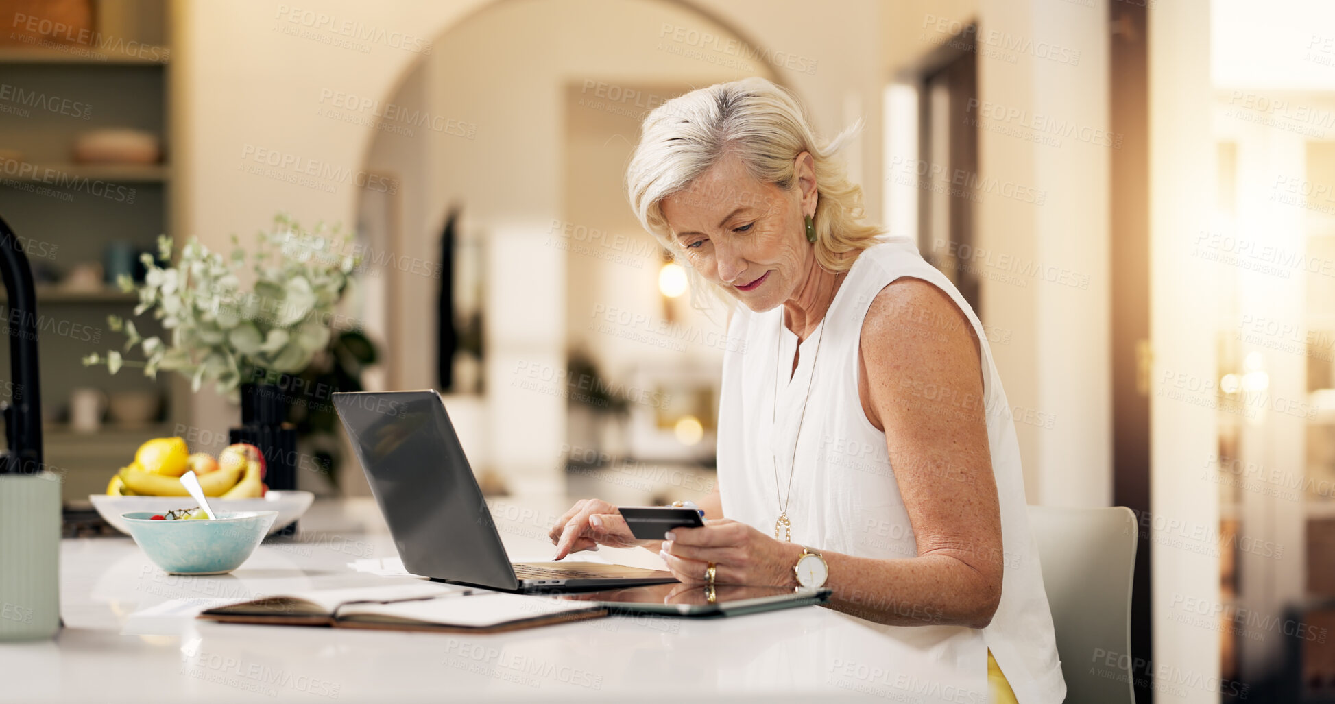 Buy stock photo Mature woman, credit card and typing on laptop in home for online shopping or remote banking app. Female person, shopper or virtual payment with debit on computer for ecommerce, purchase or sign up