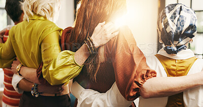 Buy stock photo Hug, women and friends in home with comfort, solidarity and bonding together at gathering. Flare, support and back of female people embracing in group for trust, connection and care in house.