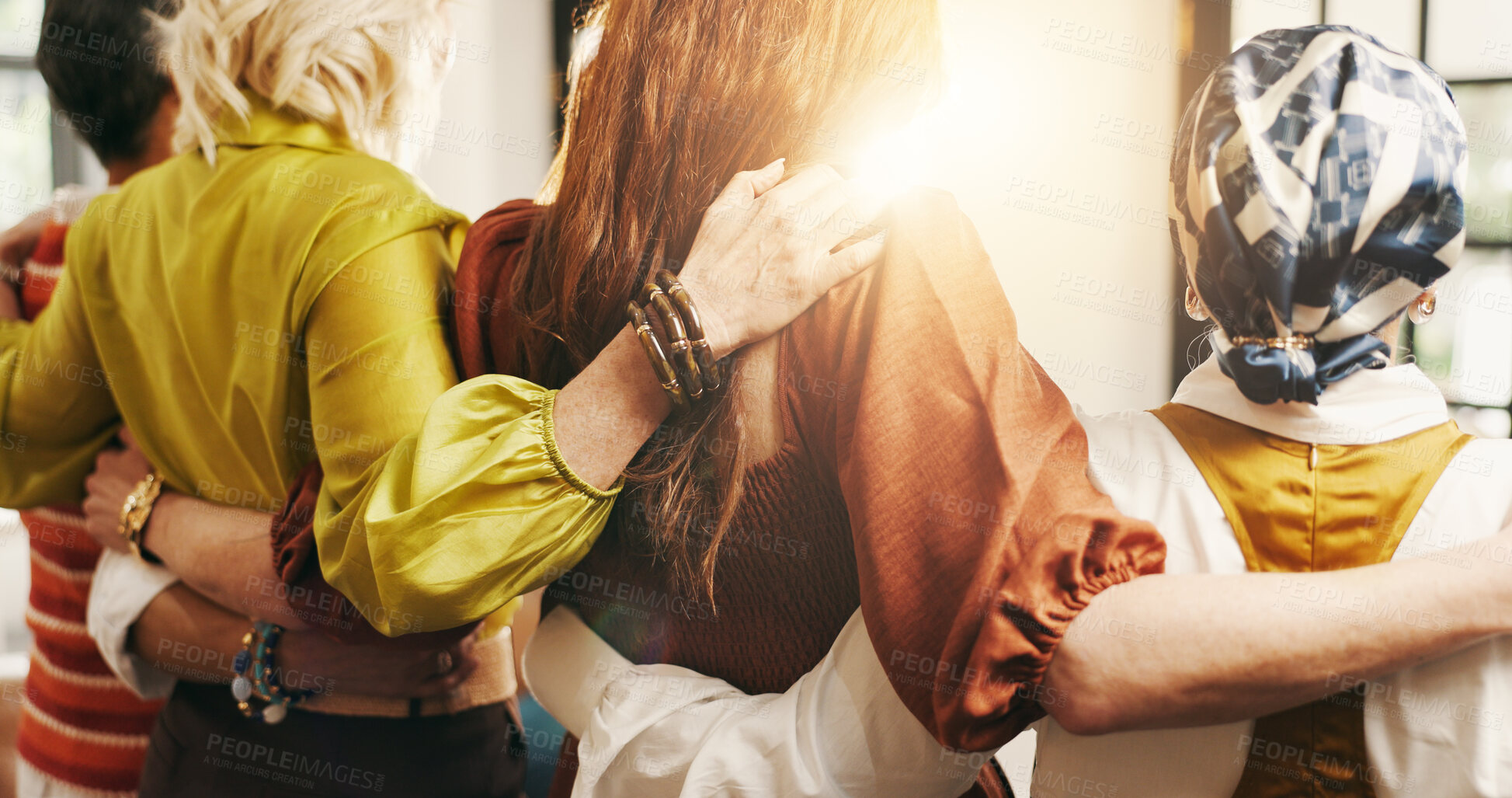 Buy stock photo Hug, women and friends in home with comfort, solidarity and bonding together at gathering. Flare, support and back of female people embracing in group for trust, connection and care in house.