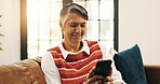 Happy, typing and senior woman with phone for communication, online connection and internet chat. Retirement home, morning and person on smartphone for message, contact and networking on mobile app