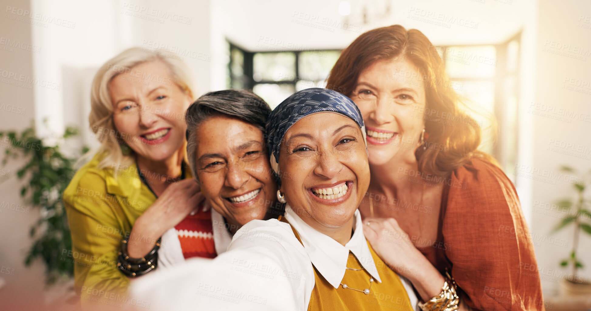 Buy stock photo Home, selfie and old women with smile, friends and bonding together with profile picture. Apartment, photography and group with happiness, memory or social gathering with lens flare, unity or support