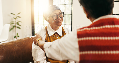 Buy stock photo Senior woman, friends and smile with support, comfort or empathy for trust in retirement home. Elderly, female person or discussion with chat for care, friendship or social bonding together in house