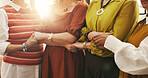 Holding hands, old women and friends with unity, solidarity and bonding together with comfort. Pensioners, closeup and people with gesture, support and trust with faith, worship and community