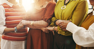 Buy stock photo Holding hands, old women and friends with unity, solidarity and bonding together with comfort. Pensioners, closeup and people with gesture, support and trust with faith, worship and community