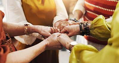 Buy stock photo Women, holding hands and prayer circle for solidarity, faith and healing for religion, god or wellness. Community, group of mature people and support for hope, peace and worship together for love