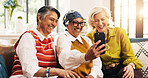 Selfie, happy and group of senior women on sofa for memory together on weekend with bonding. Smile, connection and elderly female people with photography picture for friendship in living room in home