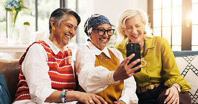 Buy stock photo Selfie, happy and group of senior women on sofa for memory together on weekend with bonding. Smile, connection and elderly female people with photography picture for friendship in living room in home