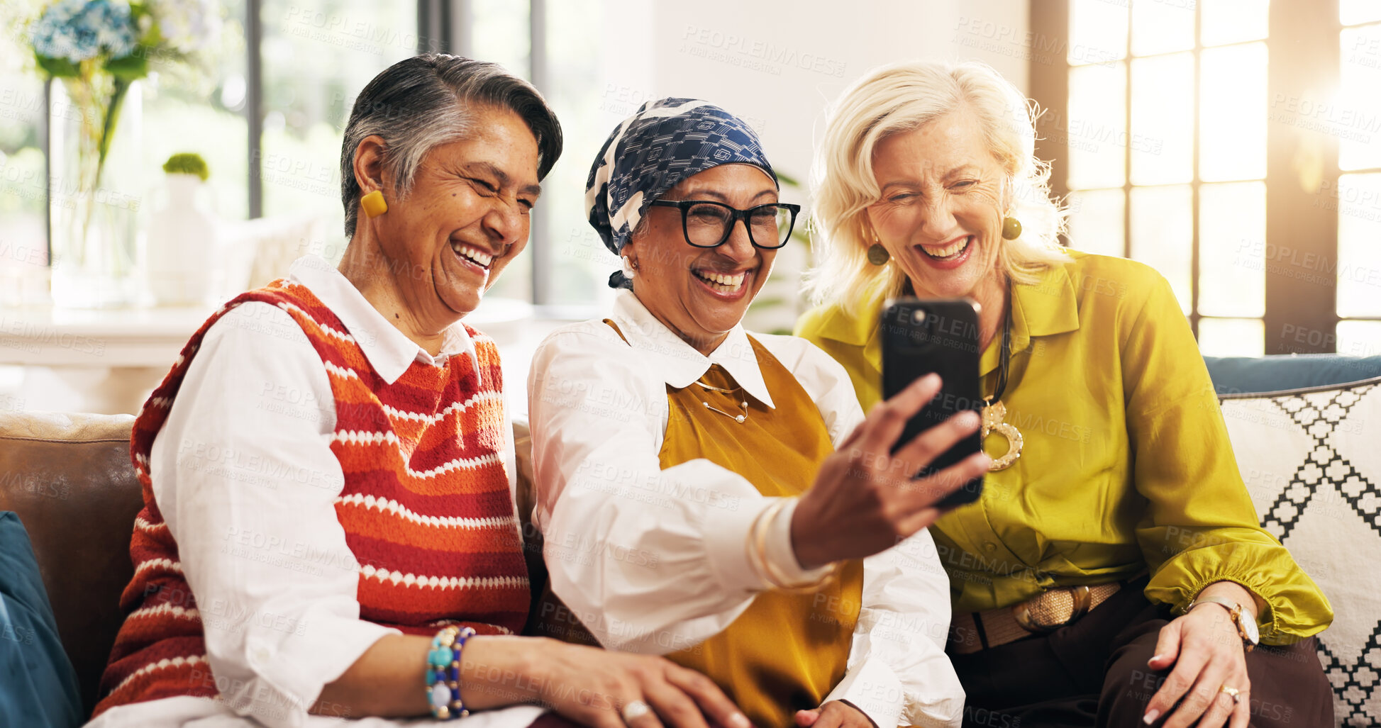 Buy stock photo Selfie, happy and group of senior women on sofa for memory together on weekend with bonding. Smile, connection and elderly female people with photography picture for friendship in living room in home