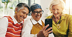 Selfie, smile and group of senior women on sofa for memory together on weekend with bonding. Happy, connection and elderly people with photography picture for friendship in living room at house.