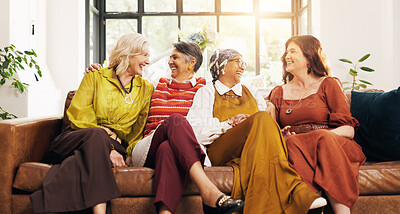 Buy stock photo Old women, laughing and relax on couch, home and bonding with friends in lounge, reunion and gossip. Senior people, conversation and humor for funny joke in living room, flare and break in apartment