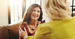 Senior woman, friends and smile with care, support or empathy for trust in retirement home. Elderly, female person or discussion with chat for comfort, friendship or social bonding together in house