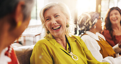 Buy stock photo Laughing, old women and gossip on couch, home and bonding with friends in lounge, happy and reunion. Senior people, conversation and humor for funny joke in living room, flare and break in apartment