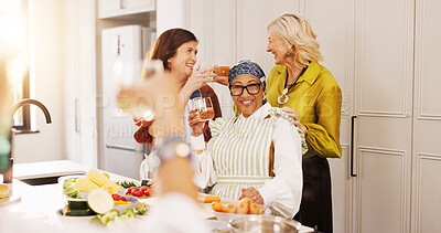 Buy stock photo Cooking, kitchen and mature women with drinks for bonding, conversation and culinary lesson. Happy, social reunion and senior friends with cheers, toast and food for learning recipes together in home