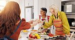 Cooking, kitchen and mature women with toast for bonding, conversation or culinary lesson. Happy, social reunion and senior friends with cheers, alcohol and food for learning recipes together in home