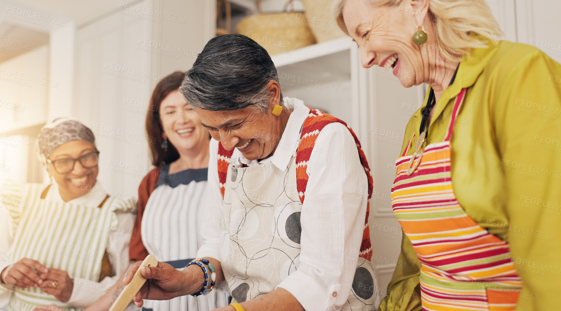 Buy stock photo Cooking class, happy and mature women in kitchen for bonding, chef skills and culinary lesson. Laugh, social reunion and senior friends with ingredients for learning recipes, cuisine and meal in home