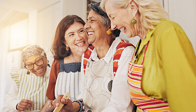 Buy stock photo Cooking, laughing and mature women in kitchen for bonding, chef skills and culinary lesson. Happy, social reunion and senior friends with ingredients for learning recipes, cuisine and meal in home