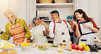 Cooking, kitchen and mature women dance for bonding, connection and culinary lesson. Happy, social reunion and senior friends with energy, fun and food for meal prep, hosting and together in home