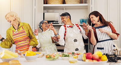 Buy stock photo Cooking, kitchen and mature women dance for bonding, connection and culinary lesson. Happy, social reunion and senior friends with energy, fun and food for meal prep, hosting and together in home