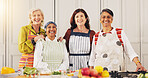 Cooking, kitchen and portrait of mature women for bonding, culinary class and learning recipes. Happy, reunion and senior friends with food, ingredients and meal prep for dinner together in home