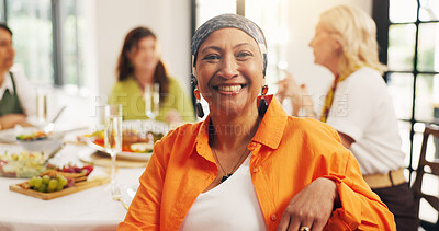 Buy stock photo Excited, dinner and portrait of mature woman in home with friends for reunion, bonding or catch up. Smile, connection and female person in dining room for supper, brunch or meal with people in house.