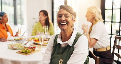 Buy stock photo Smile, dinner and portrait of mature woman in home with friends for reunion, bonding or catch up. Happy, connection and female person in dining room for supper, brunch or meal with people in house.