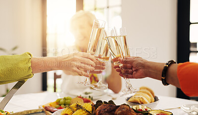 Buy stock photo People, hands and glasses with cheers, food or meal for celebration or gathering together in home. Group, friends or toast with champagne, dinner or feast for reunion, party or cuisine in house
