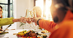 Women, hands and glasses with cheers, food or meal for celebration or gathering together in home. People, toast or group of friends with champagne, dinner or feast for reunion or party in house