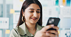 Phone, happy and woman in office with networking, communication or texting on app for break. Smile, technology and female person with cellphone with chatting, email or social media in workplace.