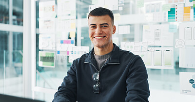 Buy stock photo Happy man, portrait or web designer with brainstorming board for mobile app or software development. Male person, developer or smile with UI design for UX, layout or creative planning in office