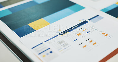 Buy stock photo Documents, wireframe chart and review in empty office, startup and ux design with icon at company. Paperwork, graph and connection with flowchart, mobile app ui and development for user experience