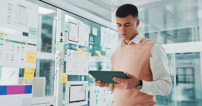 Buy stock photo Man, tablet and project for app development at startup, checklist and application with flowchart. Person, tech and notes with information technology, software and ux design job at digital agency