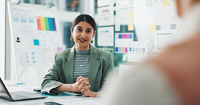 Buy stock photo Meeting, creative and business woman in office for mobile app development, website and ui design. Digital agency, team and person with paperwork, ideas and layout for research, planning and software